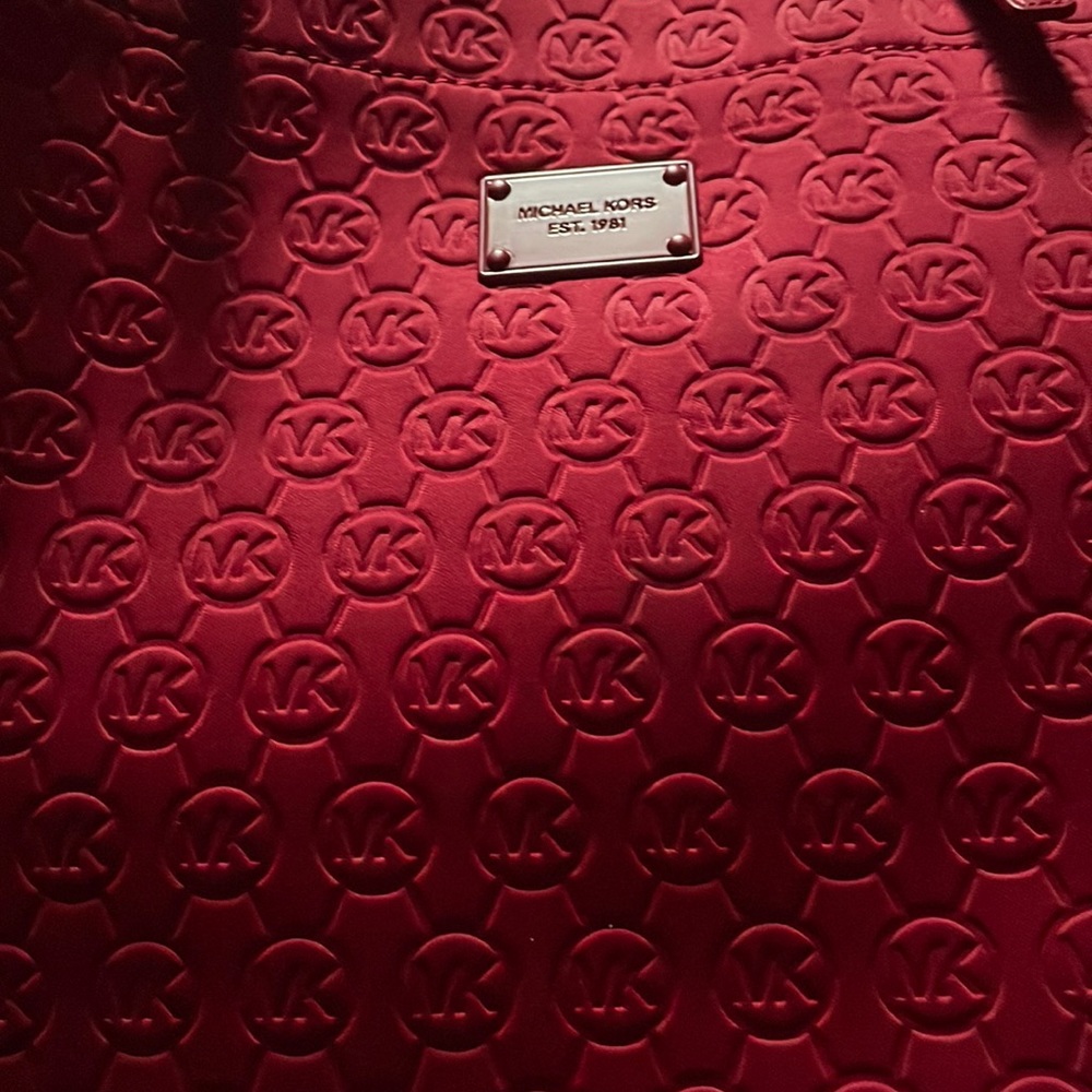 Michael Kors Jet Set Mk Signature Tote Purse Bag Red Neoprene Logo EUC